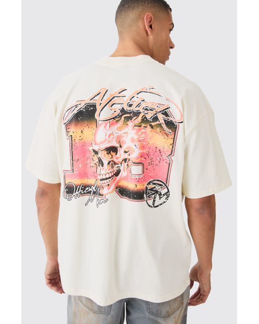 BoohooMAN Oversize T-Shirt mit 13 Totenkopf-Print in White für Herren