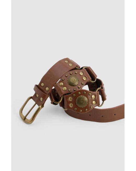 Boohoo Brown Western Studded Ring Belt