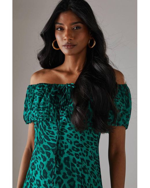 Warehouse Green Chiffon Bardot Godet Insert Milkmaid Midi Dress