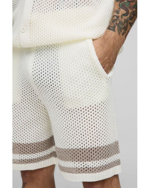 Pantalón Corto Holgado De Punto Calado Con Rayas Boohoo de color White