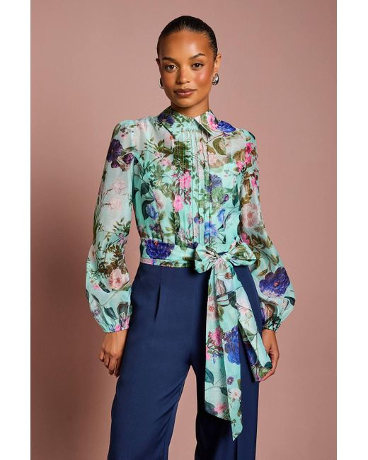 Coast Blue Petite Printed Blouson Sleeve Pintuck Detail Wide Leg Jumpsuit