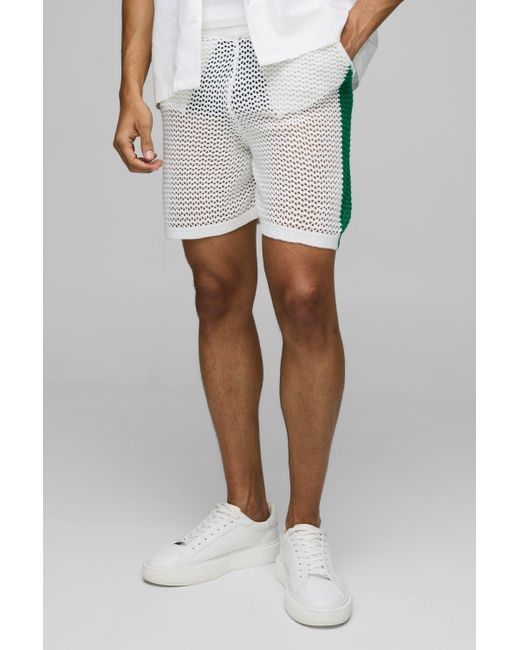 BoohooMAN White Relaxed Fit Side Stripe Open Stitch Knitted Shorts for men