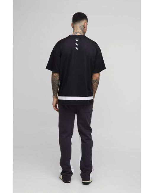 BoohooMAN Blue Tall Star Varsity Mesh Oversized T-Shirt & Slim Gusset Jersey Sweatpants Tracksuit for men