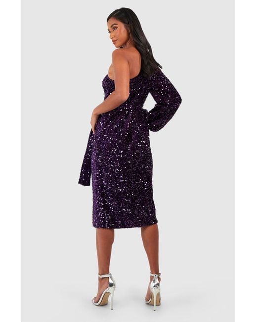 Boohoo Purple Petite Velvet Sequin Asymmetric Wrap Midi Dress