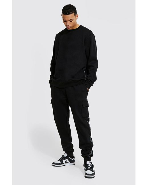 Boohoo Tall Man Official Tape Cargo Tracksuit in Black | Lyst