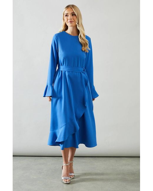 Wallis Blue Petite Ruffle Front Belted Midi Dress