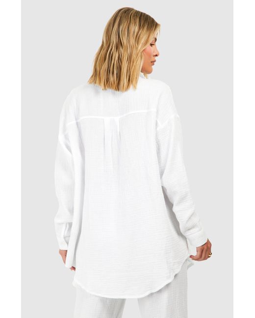 Boohoo White Crinkle Cotton Oversized Beach Shirt