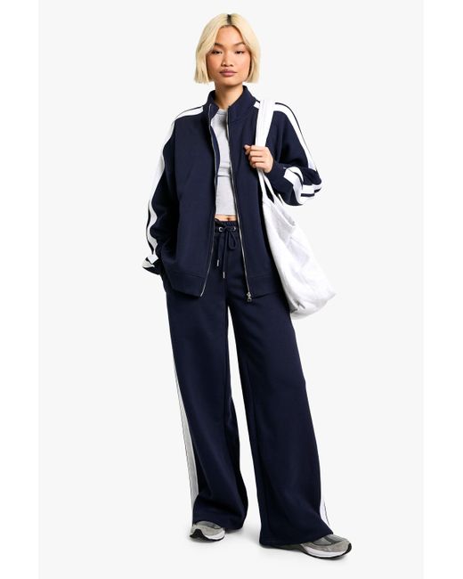 Boohoo Blue Funnel Neck Side Stripe Zip Through Tracksuit