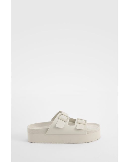 Boohoo White Platform Double Strap Footbed Buckle Sliders