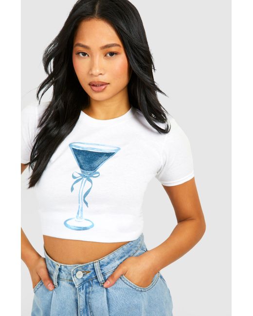 Petite Cocktail Bow Baby Tee Boohoo de color White