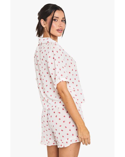 Boohoo White Tall Strawberry Print Cheesecloth Short Pyjama Set