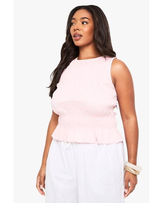 Boohoo White Plus Shirred Peplum Top