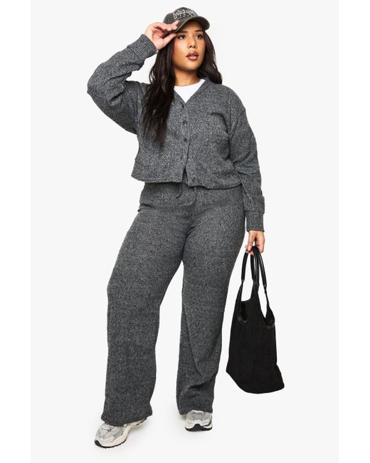 Boohoo Gray Plus Soft Rib Cardigan And Drawstring Trouser Set