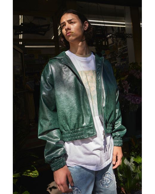 BoohooMAN Green Boxy Cracked Pu Hooded Bomber for men