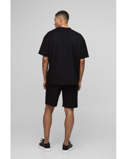 BoohooMAN Oversize T-Shirt und Shorts aus Wildlederimitat in Black für Herren
