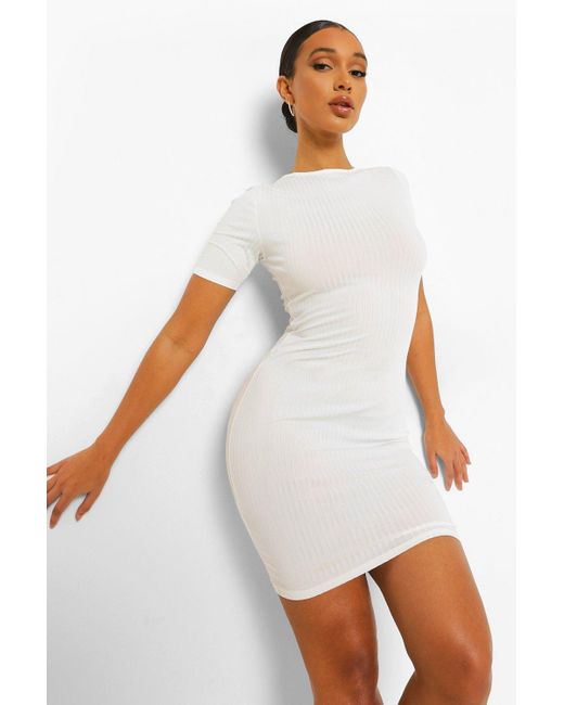Boohoo Basics Rib Short Sleeve Bodycon Mini Dress in White | Lyst