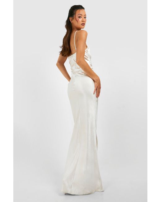 Boohoo White Tall Bridesmaid Satin Strappy Asymmetric Maxi Dress