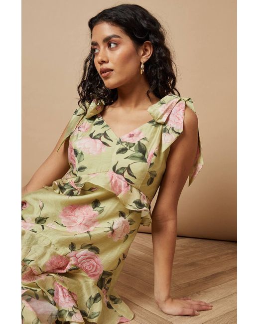 Oasis Natural Petite Floral Printed Tiered Ruffle Tie Shoulder Midi Dress