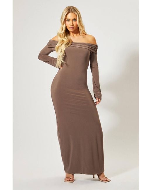 MissPap Bardot Fold Over Open Back Maxi Dress in Brown | Lyst