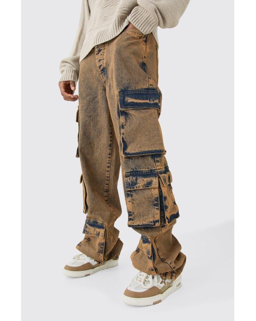 BoohooMAN Tall Baggy Fit Acid Wash Cargo Jeans in Natural für Herren