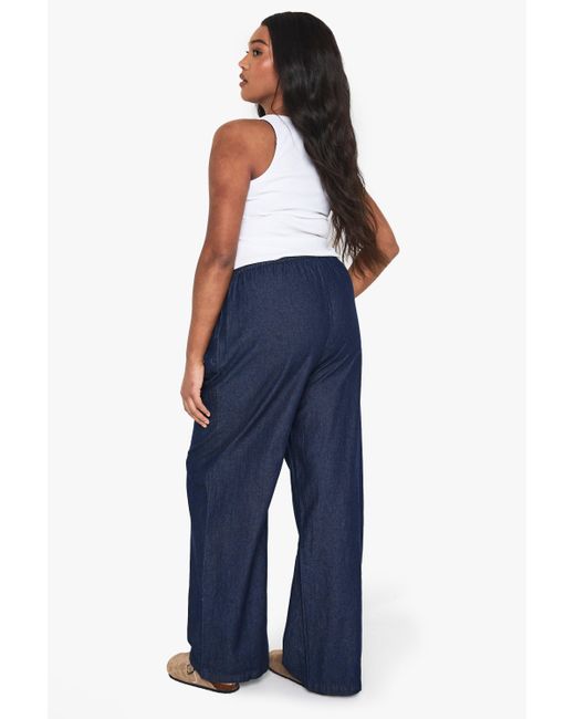 Boohoo Blue Plus Chambray Drawstring Wide Leg Trouser