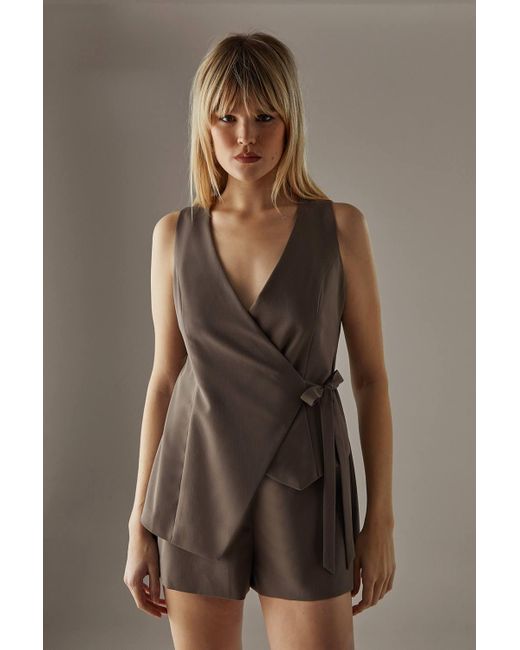 Warehouse Brown Tailored Waistcoat Tie Side Romper