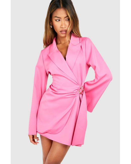 Boohoo Pink Buckle Detail Tie Waist Tailored Blazer Dress