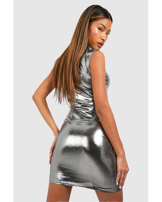 Boohoo Metallic High Neck Mini Dress in Gray | Lyst