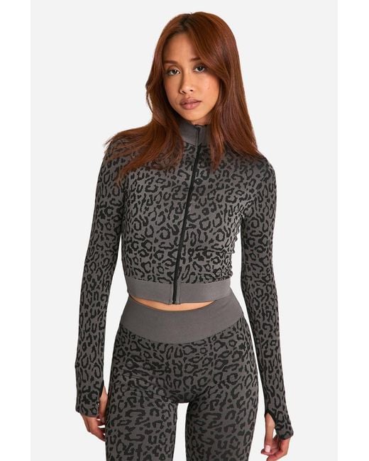 Boohoo Black Leopard Print Seamless Zip Through Jacket