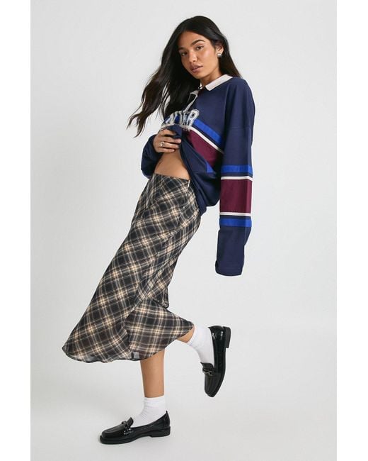 Boohoo Blue Check Print Floaty Hem Maxi Skirt