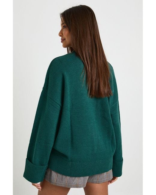 Super Soft Turn Up Cuff Oversized Knitted Jumper Boohoo de color Green