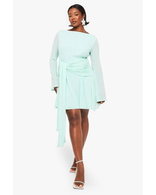 Boohoo Plus Tie Waist Skater Dress in Green | Lyst