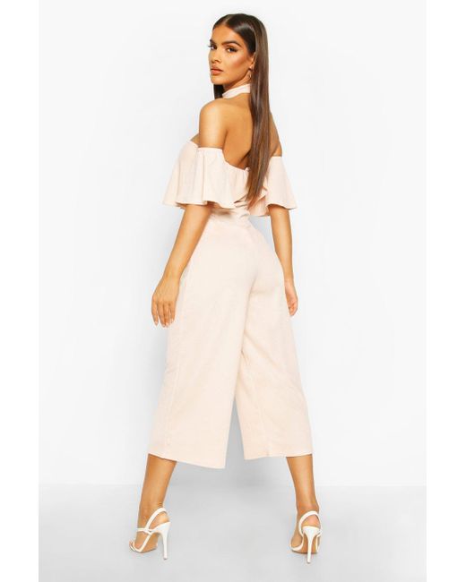 off shoulder pink jumpsuit