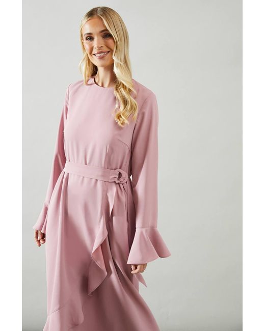 Wallis Pink Petite Ruffle Front Belted Midi Dress