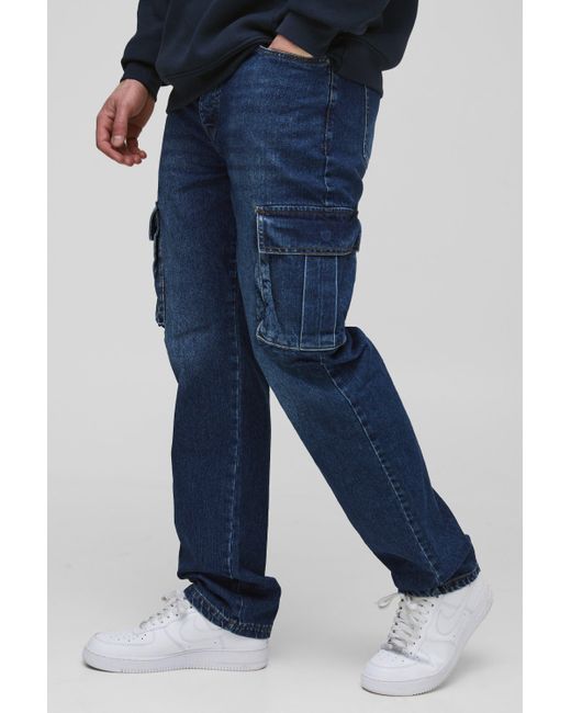 BoohooMAN Blue Tall Straight Rigid Cargo Jeans for men