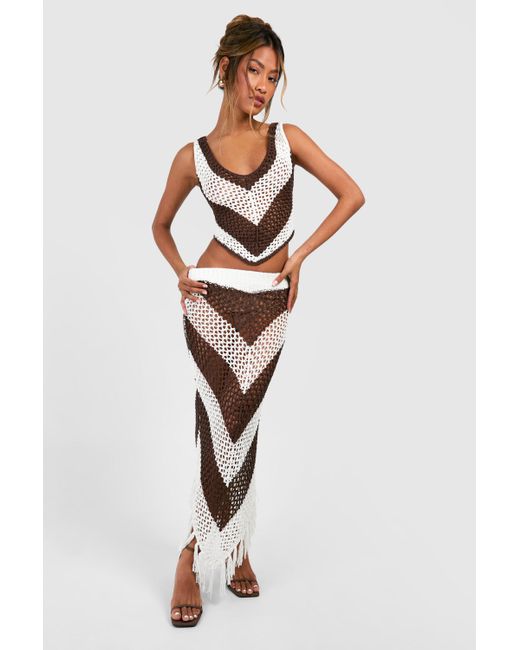 Boohoo Brown Premium Crochet Stripe Top & Tassel Skirt Set