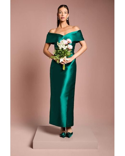 Coast Women's Blue Twill Bardot Pleat Detail Column Detail Maxi