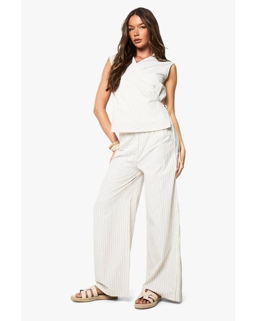 Boohoo White Stripe Drawstring Waist Wide Leg Pants