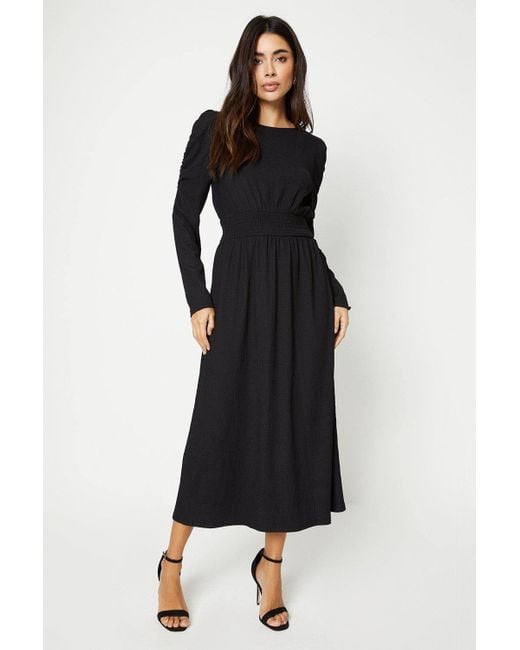 Dorothy Perkins Black Shirred Waist Long Sleeve Midi Dress