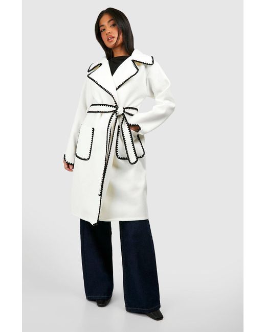 Boohoo White Petite Contrast Stitch Belted Wool Look Coat