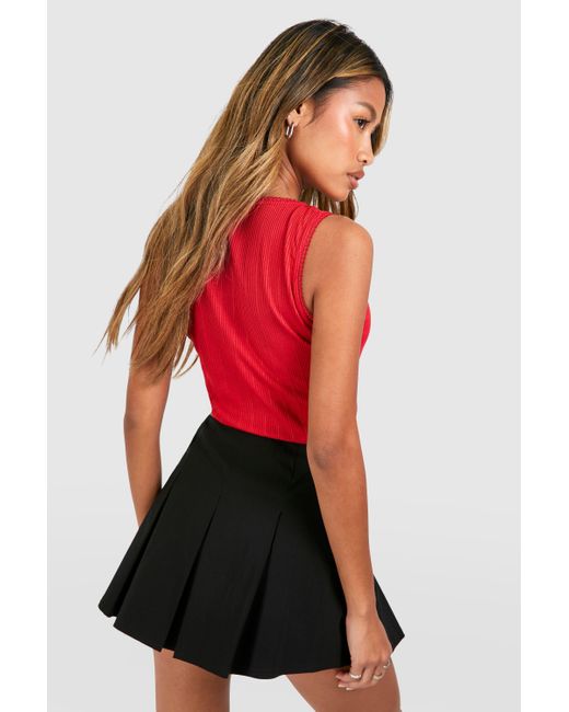 Boohoo Red Lace Trim Ribbed Bow Detail Tank