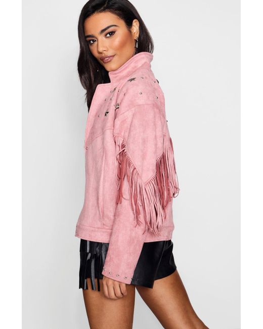 Boohoo Fringe Suedette Jacket With Star Studs in Pink | Lyst