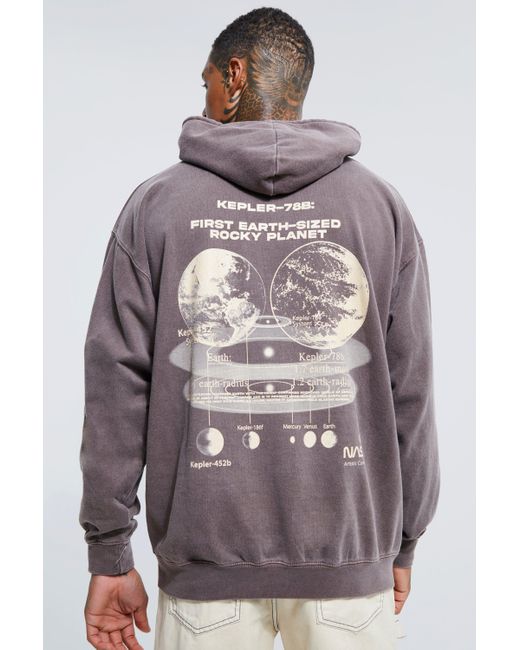 BoohooMAN Oversized Nasa Back Graphic Overdye Hoodie in Gray for Men | Lyst