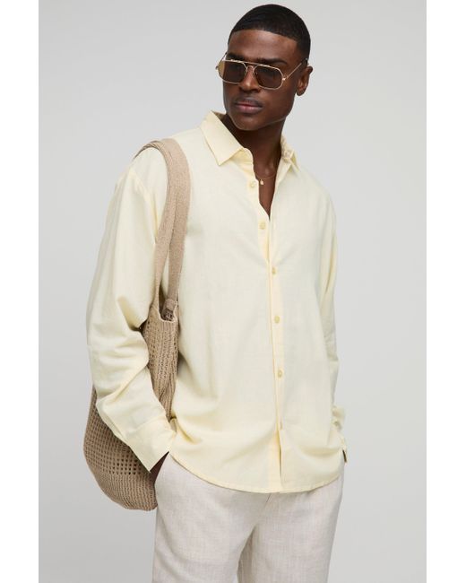 BoohooMAN Langärmliges super Oversize Leinen-Hemd mit Kragen in Natural für Herren