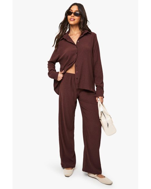 Boohoo Red Crinkle Button Through Shirt & Trouser Co-Ord