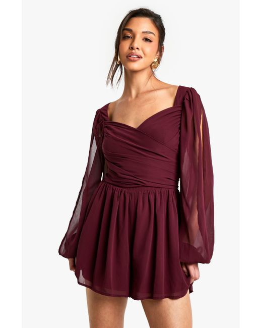 Boohoo Red Chiffon Wrap Split Sleeve Playsuit