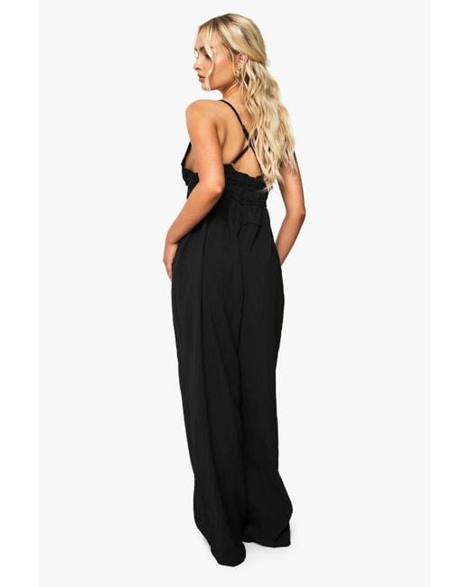 Boohoo Black Textured Strappy Ruched Jumpsuit