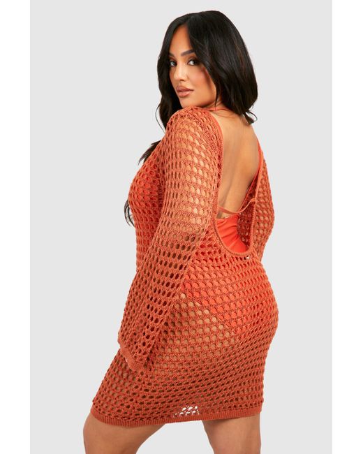 Boohoo Orange Plus Crochet Open Back Beach Mini Dress