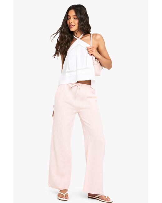 Boohoo Pink Cheesecloth Tie Waist Straight Leg Trousers