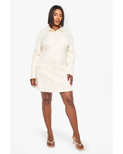 Plus Button Down Collared Tailored Dress Boohoo de color White